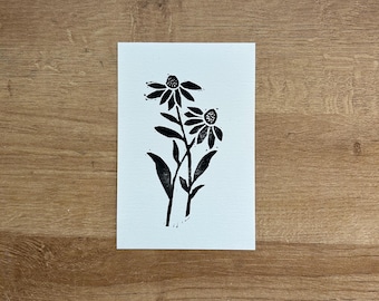 Handblockdruck Echinacea Flower: 100x150 Original Linolschnitt Kunstdruck