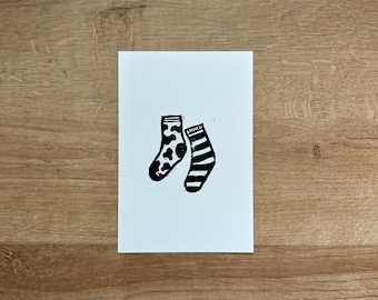 Handblockdruck Gemütliche Mismatch-Socken: 100x150 Original Linolschnitt Kunstdruck