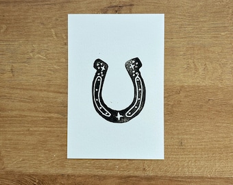 Hand Block Print Horseshoe: 4x6 Original Linocut Art Print