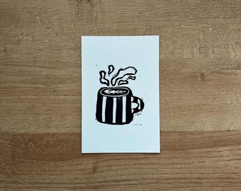 Hand Block Print Latte Kaffee Tasse: 100x150 Original Linolschnitt Kunstdruck