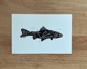 Arte de trucha con impresión en bloque a mano: decoración de cabaña de pesca con linograbado de 4x6
