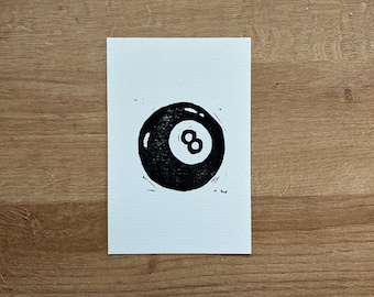 Impresión en linóleo de la Bola Mágica 8 con bloque de mano: Decoración vintage, 4 x 6