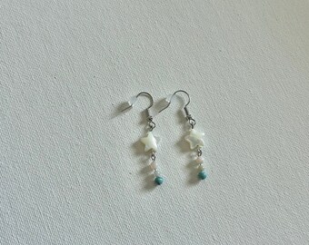 Mother of Pearl Star Dangle Earrings, Handmade Pearl Jewelry, Silver