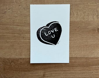 Love You Candy Herz Druck: Handblock Valentine Art, 4x6