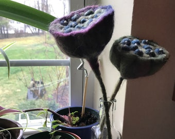 Two needle-felted lotus seed flower pods, handmade by Christine Z.