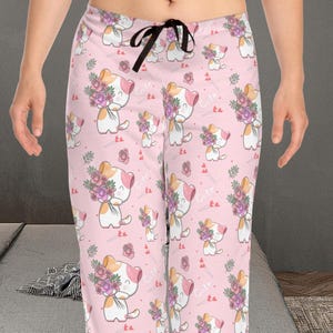 Kawaii Cat Pajama Pants, Cute Pink Cat Lounge Pants, Valentine Gift for Her, Cozy Sleepwear, Cat Mom Gift, Floral Cat PJs, Pastel Pants