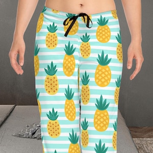 Pineapple Pajamas, Tropical Fruit PJs for Women, Cute Teen Girl Summer Sleepwear Set, Fun Loungewear Pants, Beach Themed Gift for Her