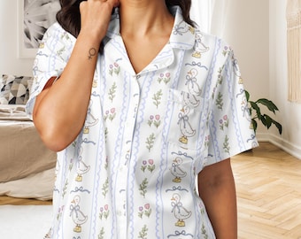 Vintage Goose Pajama Shirt | Cottagecore Sleepwear | Farmhouse Duck Print Pajama Top | Cozy Country PJs | Gift for Her | Whimsical Button
