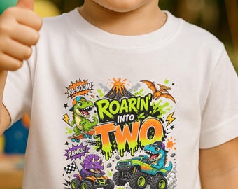 Roarin Into Two Birthday Shirt, 2nd Birthday Boy Outfit, Dinosaur Monster Truck Tee, Personalized Toddler Party Top