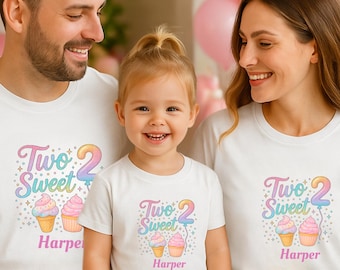 May include: Three white t-shirts with a colorful "Two Sweet" design, a number 2 balloon, cupcakes, and the name "Harper". The shirts are worn by a family, celebrating a second birthday.