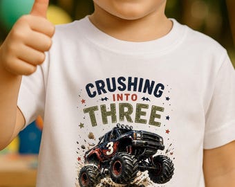 Monstertruck Geburtstags-Shirt, 3.Geburtstag-Jungen-Outfit, Kleinkind-Truck-Party-Shirt, personalisierte Kinder-Outfit, zerdrücken in drei