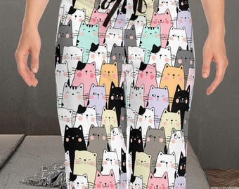 Pantalones de pijama con estampado de gatitos, pantalones de descanso kawaii en tonos pastel, regalo acogedor para amantes de los gatos, pijama con estampado divertido de gatitos, ropa de estar por casa para mujer, tallas XS a 2XL.