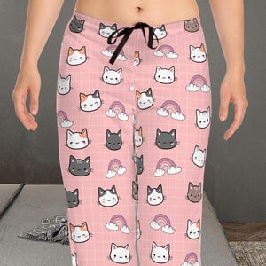 Cute Cat Pajama Pants, Kawaii Cat Sleepwear for Women and Teens, Pink Rainbow Lounge Pants, Cozy Gift for Cat Lovers, Soft Girl Aesthetic