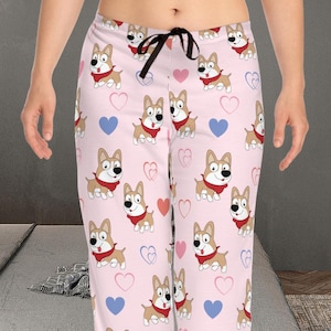 Corgi Pajama Pants for Dog Lovers, Cute Pink Teen Lounge Pants, Kawaii Cartoon Dog Sleepwear, Valentines Gift, Funny Animal Print PJs