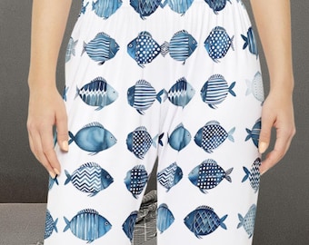 Fish Pajama Pants for Women | Blue Coastal Lounge Pants | Ocean Theme Sleepwear | Nautical Pajamas | Gift for Her