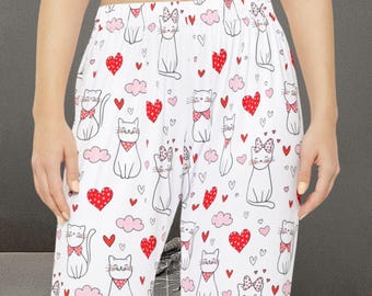 Pantalones de pijama con diseño de gato, pantalones de pijama para San Valentín, pantalones de dormir con estampado de corazones, pantalones de estar por casa cómodos, regalo para amantes de los gatos, pijamas para mujer