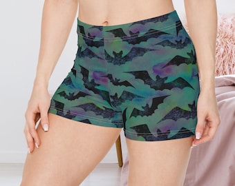 Spooky Bat Shorts for Women, Halloween Biker Shorts, Goth Lounge Shorts, Bat Print Workout Bottoms, Aesthetic Spooky Season Gift
