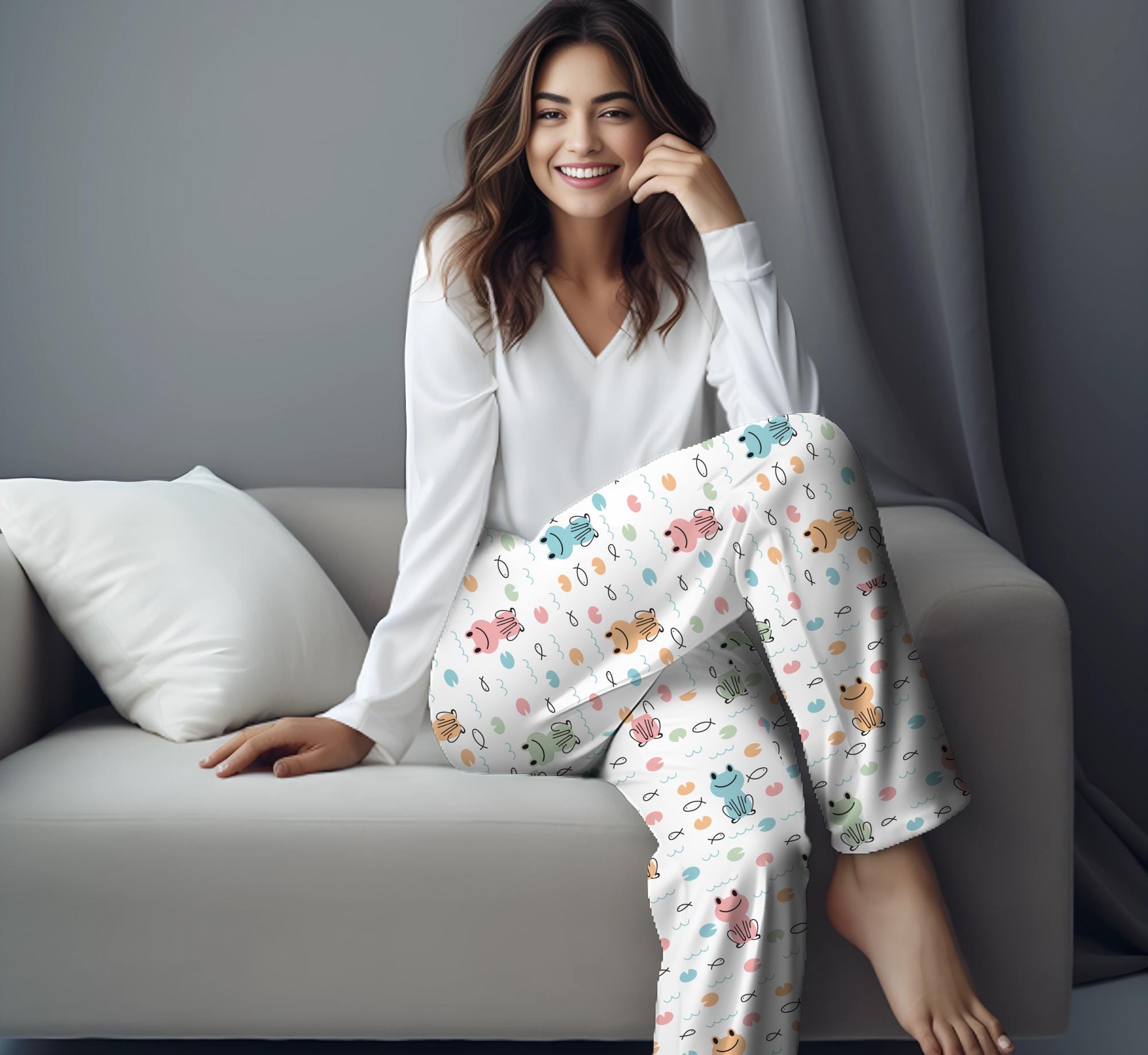 Laprad Women's Cute Frog & Mushroom Pajama Set - Short Sleeve Top & Shorts With Pockets - View #9