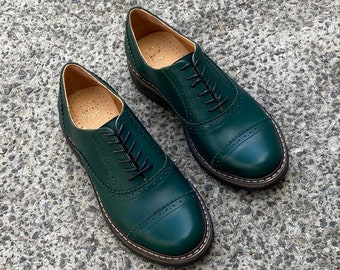 Green leather women oxfords brogue tie shoes, women green brogues