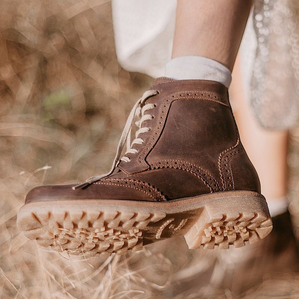 Women brown leather brogue boots, women brown boots, women shoes, brown shoes, lace up boots