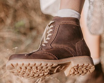 Women brown leather brogue boots, women brown boots, women shoes, brown shoes, lace up boots