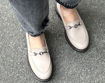 Frauen Cremig beige Penny Loafers, hellbraune Loafer Schuhe