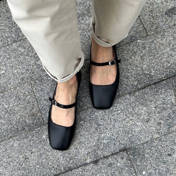 Square toe Mary Janes t-strap black leather square toe shoes, flat t strap mary jane shoes