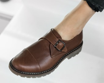 Womens brown leather handmade monk shoes oxford women shoes tie shoes