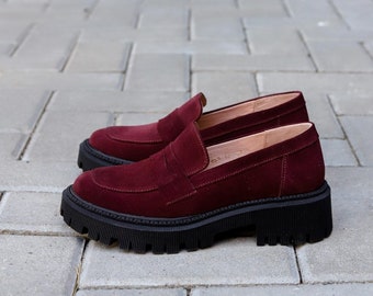 Women suede loafer shoes burgundy slipon