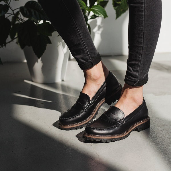 Penny loafer classic women black loafers, flat black women shoes, chunky loafers