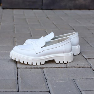 Women White loafer shoes, white leather women slipons