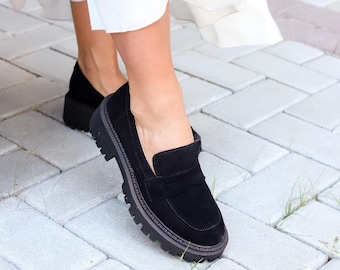 Black suede women loafers, black suede women shoes