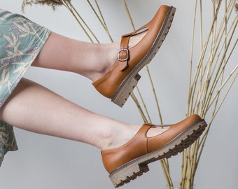 Brown Leather Mary Janes: Handmade Women's T-Strap Shoes