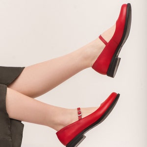 Handcrafted Red Leather Mary Jane Ballet Flats