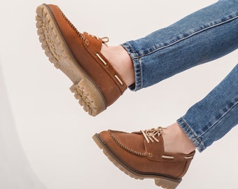 Women moccasins top sider boat shoes, brown loafers, women tie shoes moccasins