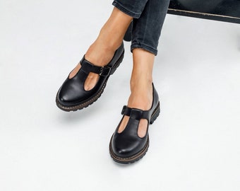 Women Mary Janes t-strap black leather shoes, flat t strap mary jane shoes