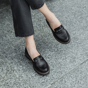 Women black penny loafer buckle shoes, black loafers, women buckle shoes