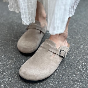 Women beige suede clogs, summer suede mules sandals, cute summer shoes