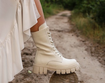 Combat high lace up women white creamy boots