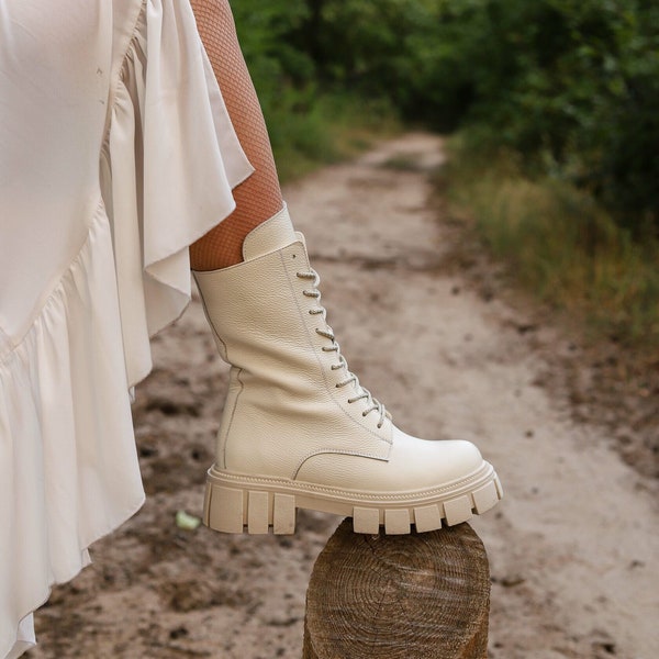 Combat high lace up women white creamy boots