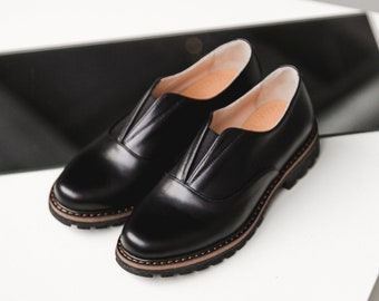 Womens black leather handmade shoes, women loafers, oxford derby black shoes