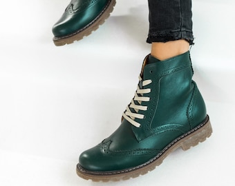 Women Green brogue boots, autumn boots, lace up boots