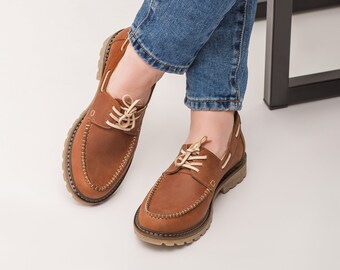 Women moccasins top sider boat shoes, brown loafers, women tie shoes moccasins