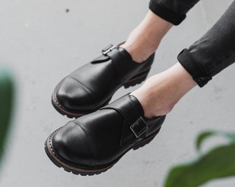 Women black leather monk shoes, oxford women shoes, black tie shoes