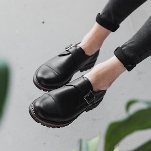 Women black leather monk shoes, oxford women shoes, black tie shoes image 1