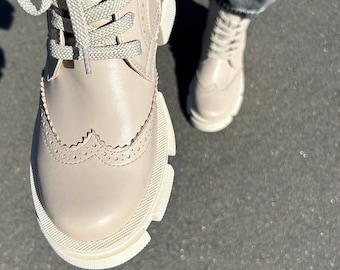 Women beige brogue boots, lace up boots, military boots, leather winter boots