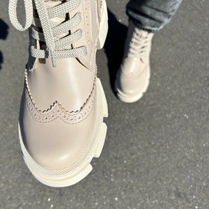 Women beige brogue boots, lace up boots, military boots, leather winter boots