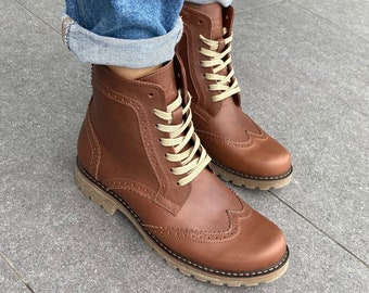 Brown leather women brogue boots,brown winter boots