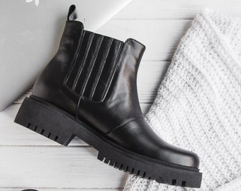 Handcrafted Black Leather Chelsea Boots, Chunky Lug Sole