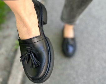 Women Black Tassel Loafers, Chunky Loafer, Black Platform Shoes